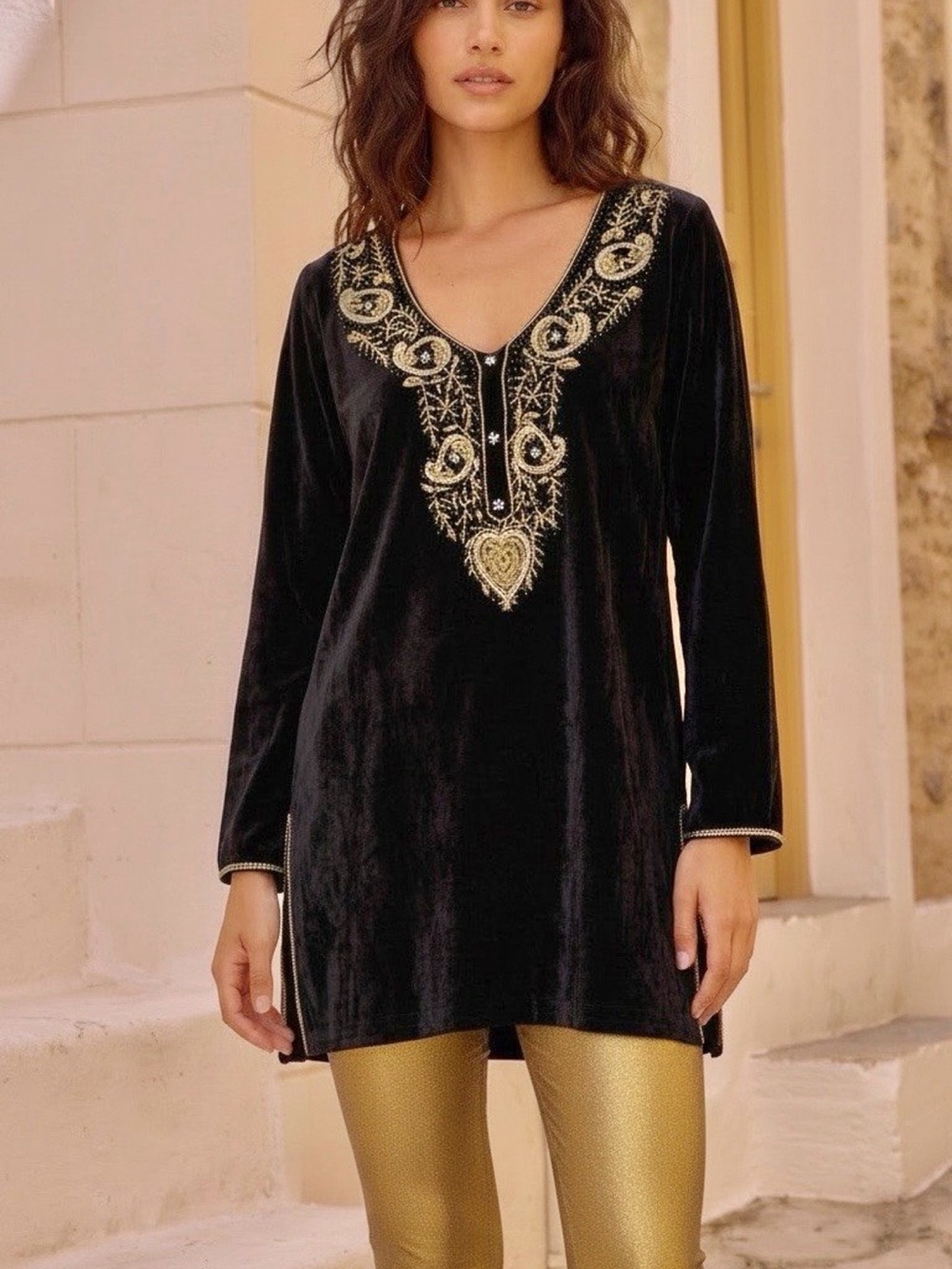 Soft Surroundings Embellished Black Velvet Top with Gold Embroidery-Large